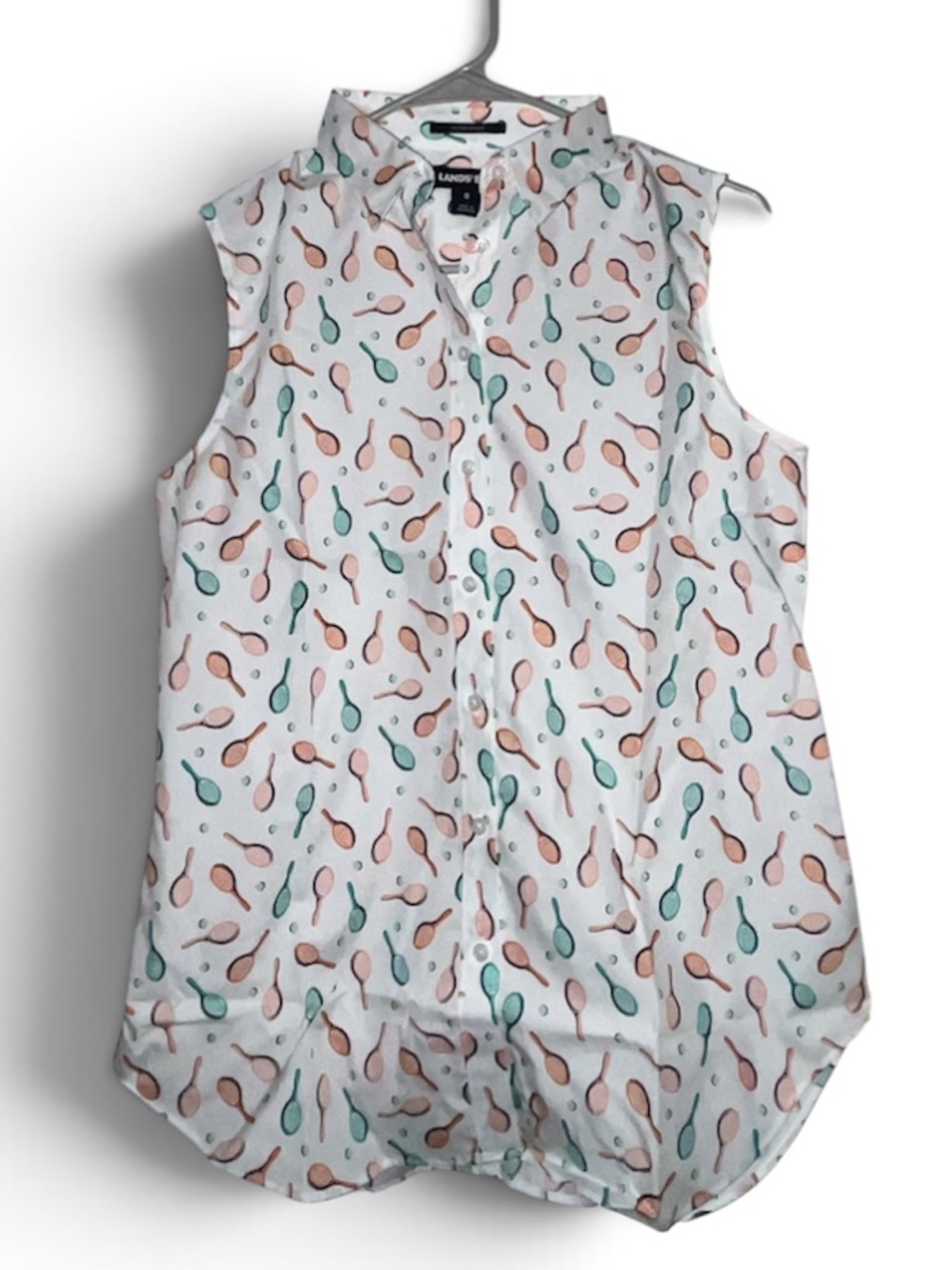 Lands’ End Women White Multi Tennis Racket Print Collared Sporty Shirt 6,8,10